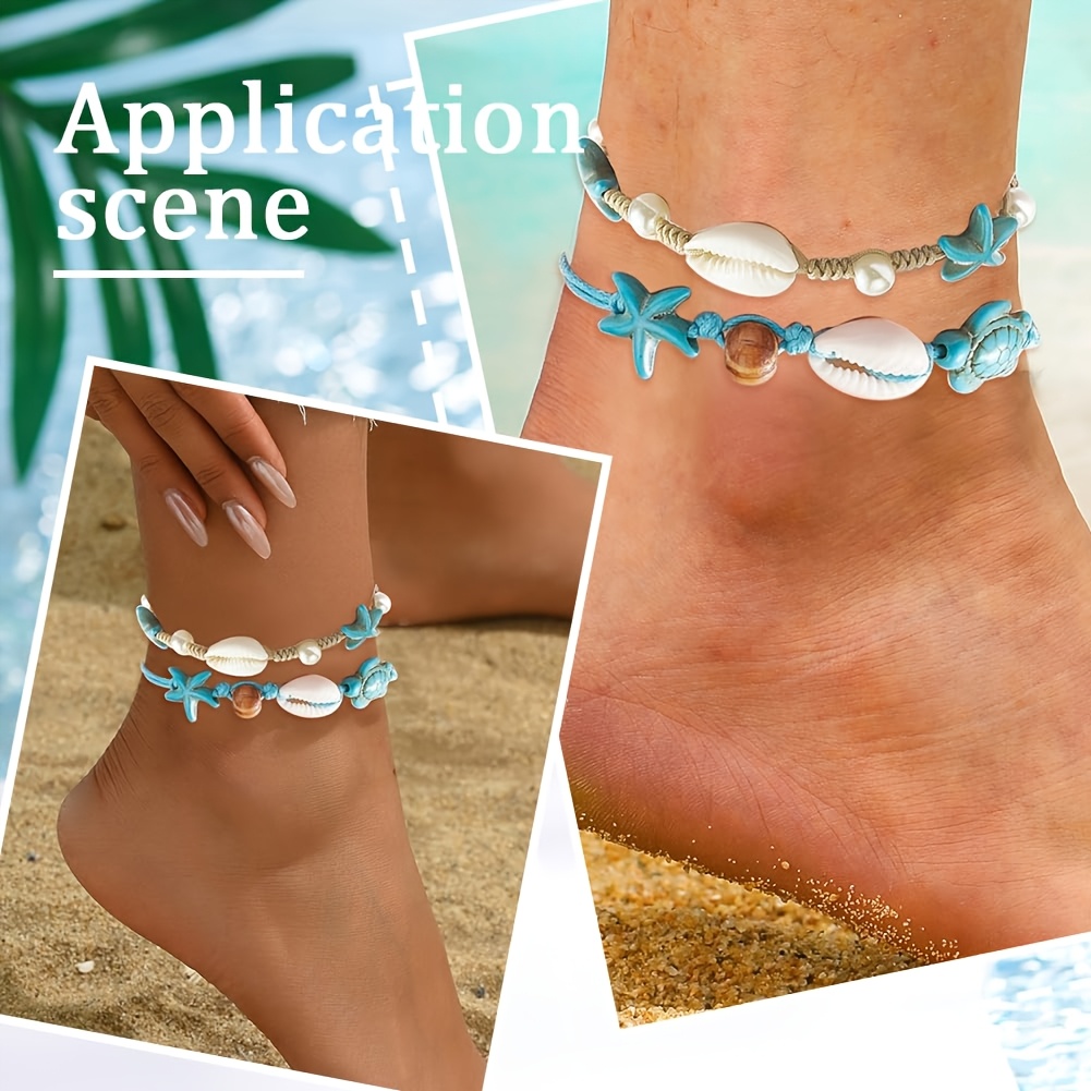 Two Shell-Woven Anklets with Starfish and Turtle Decorations